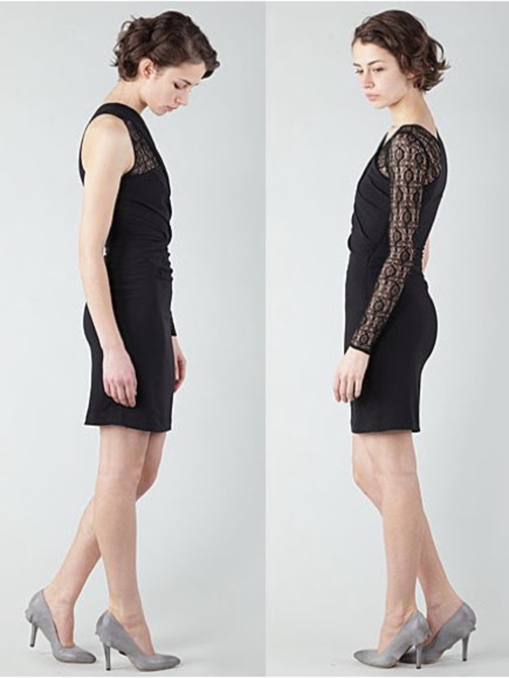 HELMUT LANG BLACK SHEER LACE SINGLE LONG SLEEVE RUCHED GATHERED MINI DRESS - Picture 11 of 14